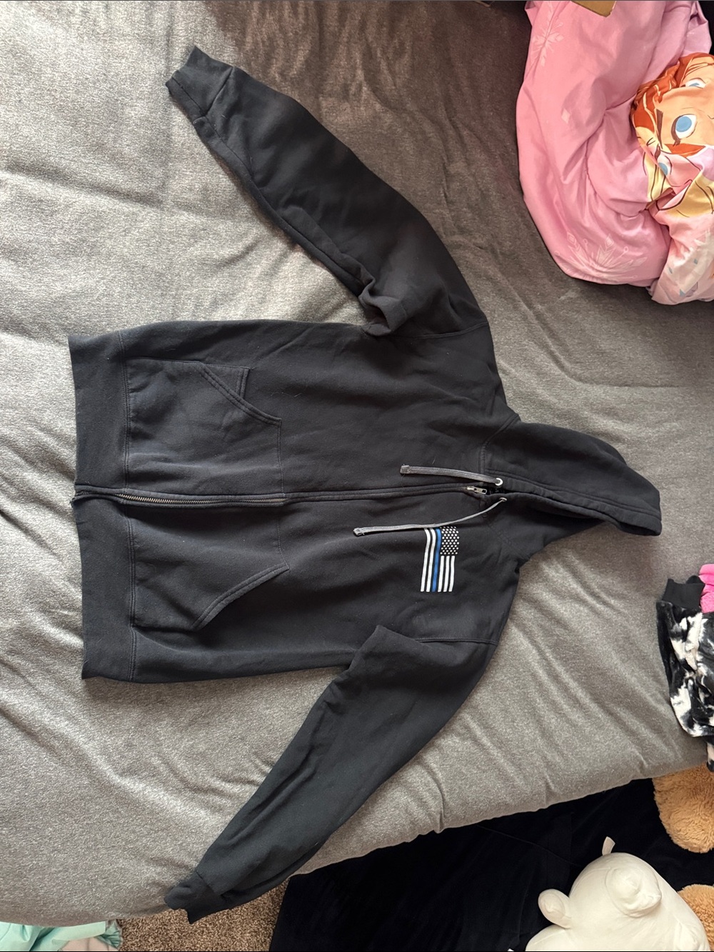 Black Hooded Zip-Up Bomber Jacket with Thin Blue Line Detail